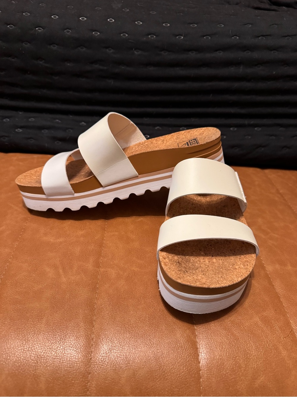 Reef White Dual-Strap Cork Platform Slide Sandals